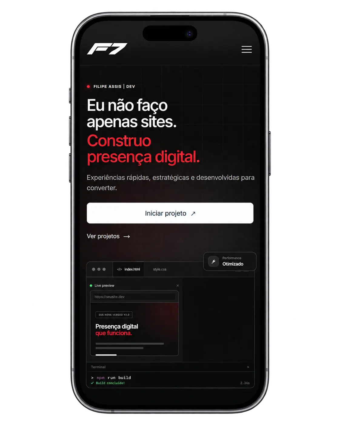 Site responsivo exibido em iPhone